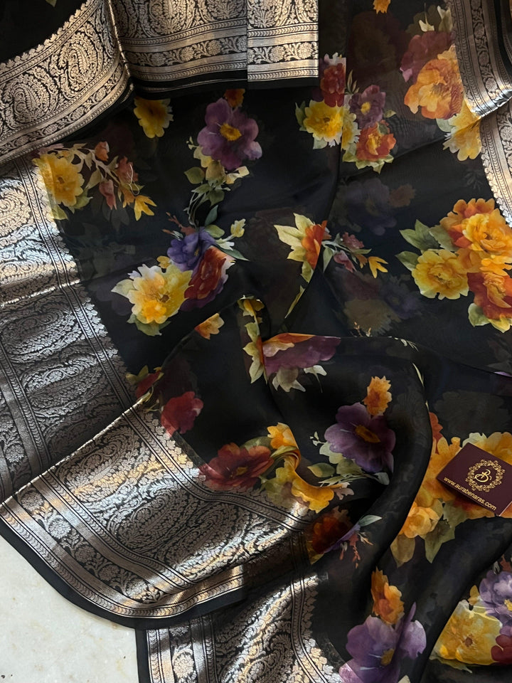 Pure Banarasi Kora silk saree with floral digital print, silver zari Banarasi border, and matching Chiniya silk blouse piece—ideal for festive and elegant occasions.