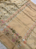 Cream Pure Banarasi Handloom Tissue Silk Saree - Aura Benaras
