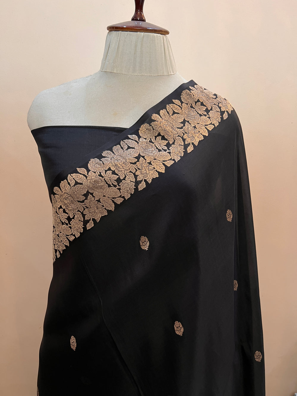 Black Banarasi Handloom Kora Katan Silk Saree