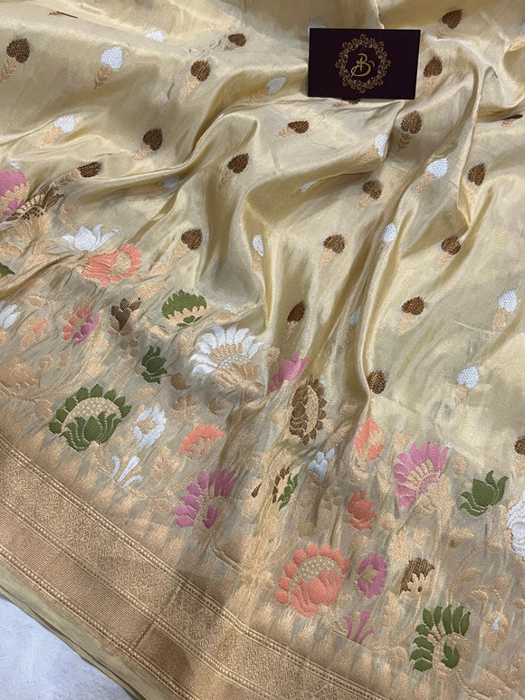 Cream Pure Banarasi Handloom Tissue Silk Saree - Aura Benaras