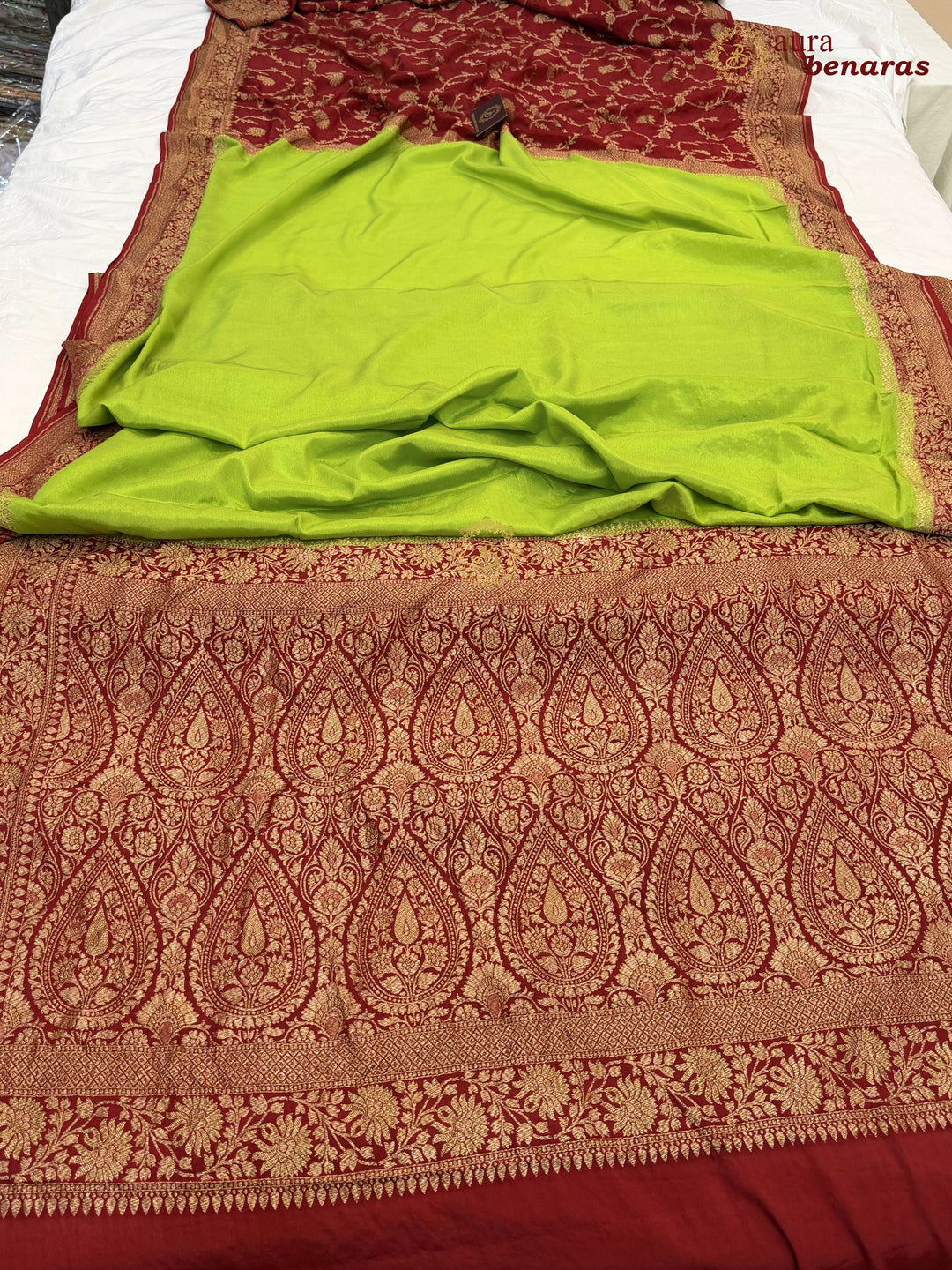 Parrot Green Pure Crepe Silk Banarasi Saree with Antique Zari Jaal Work