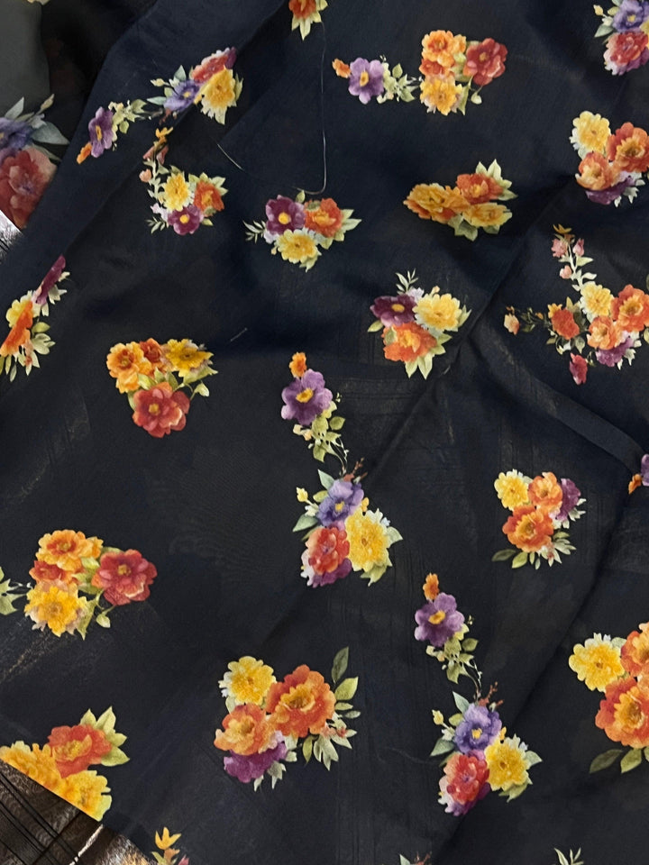 Pure Banarasi Kora silk saree with floral digital print, silver zari Banarasi border, and matching Chiniya silk blouse piece—ideal for festive and elegant occasions.