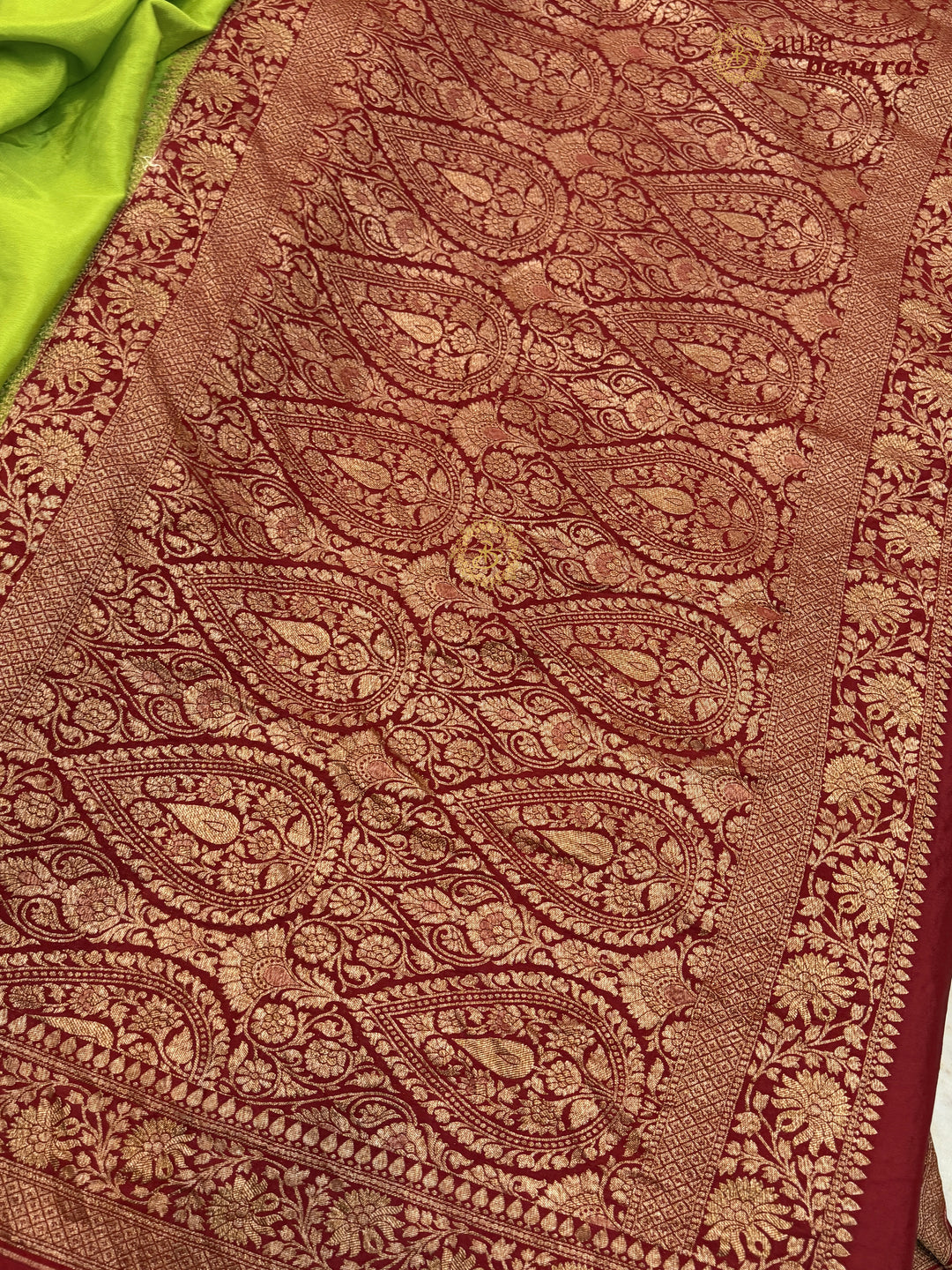 Parrot Green Pure Crepe Silk Banarasi Saree with Antique Zari Jaal Work