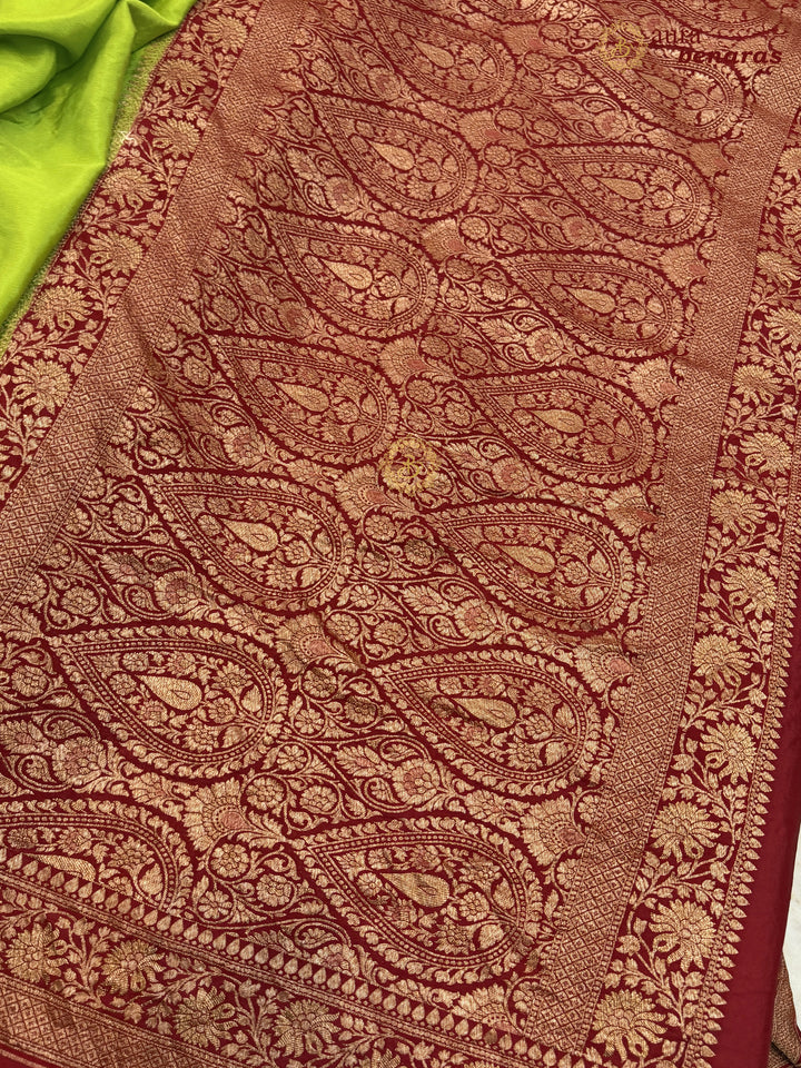 Parrot Green Pure Crepe Silk Banarasi Saree with Antique Zari Jaal Work