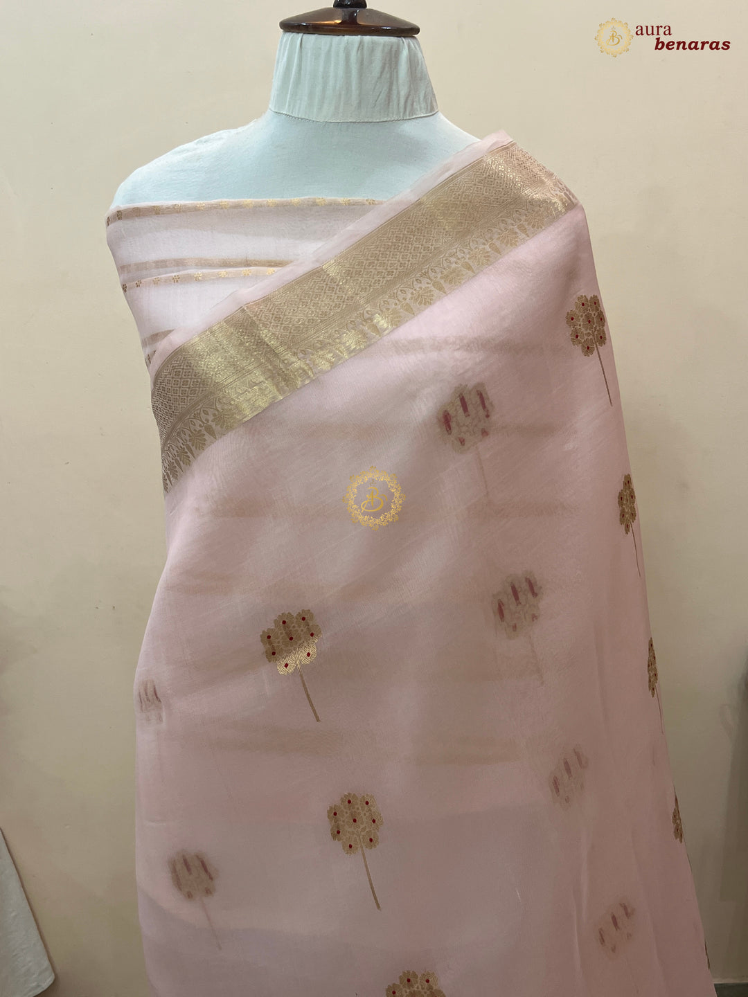 Pale Peach Silk Banarasi Saree with Kadhwa Zari & Meenakari