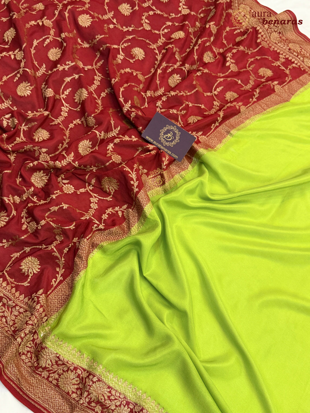 Parrot Green Pure Crepe Silk Banarasi Saree with Antique Zari Jaal Work