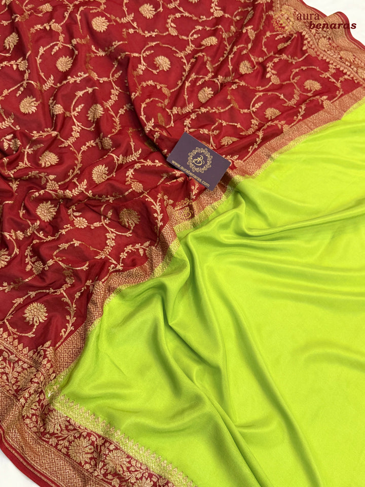 Parrot Green Pure Crepe Silk Banarasi Saree with Antique Zari Jaal Work