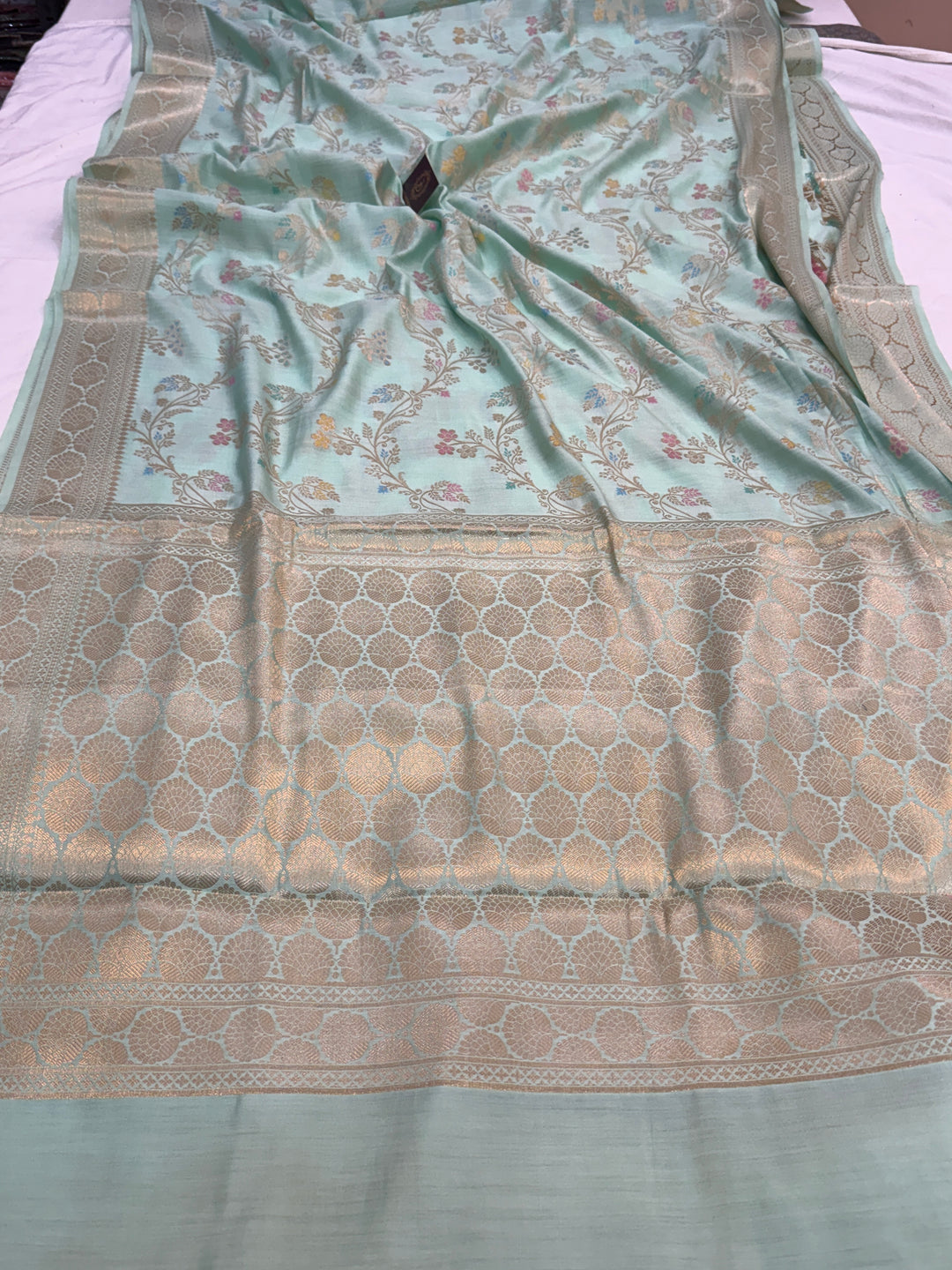 Mint Green Pure Chiniya Silk Handloom Banarasi Saree