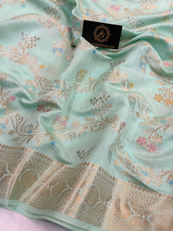 Mint Green Pure Chiniya Silk Handloom Banarasi Saree