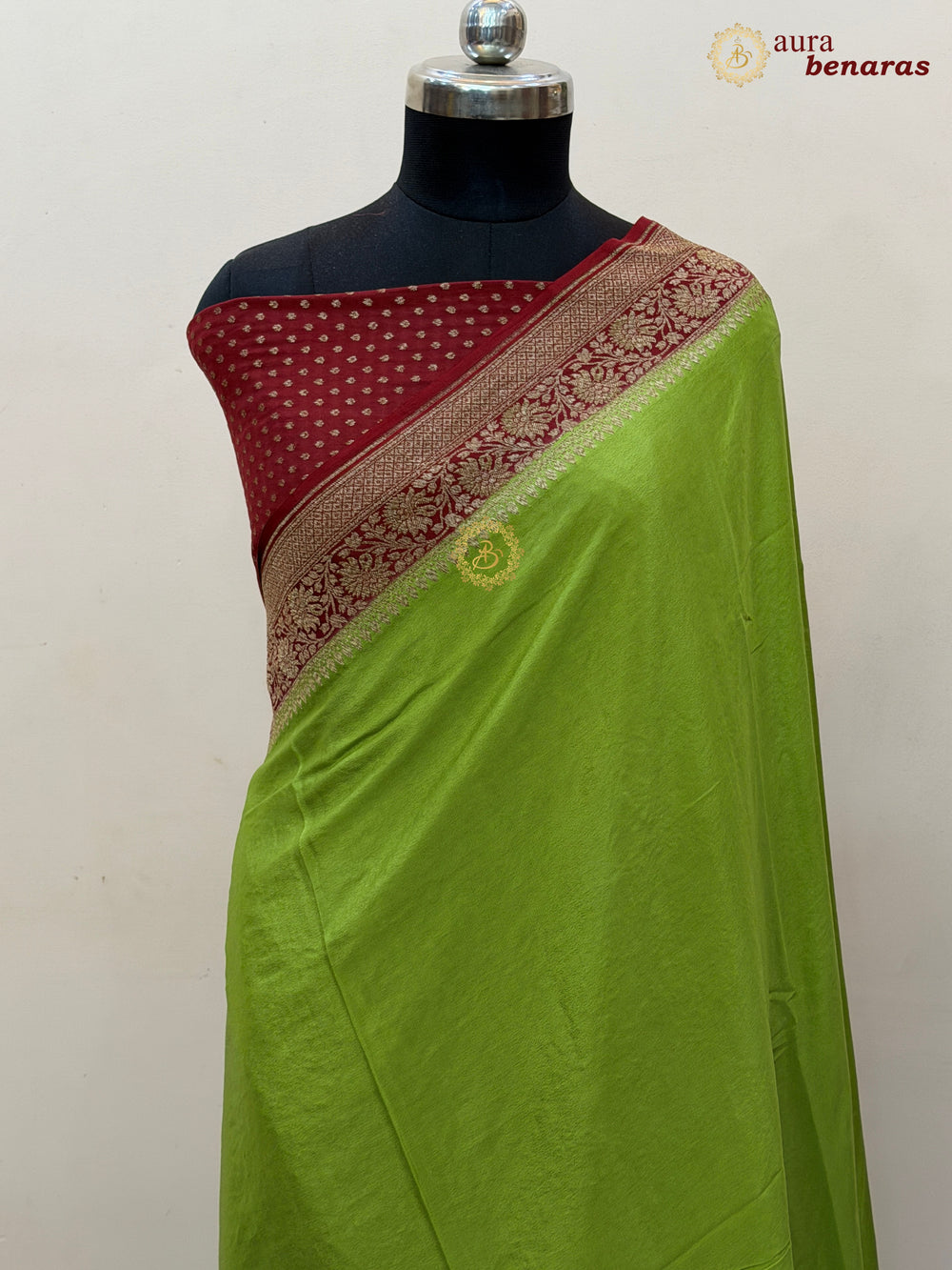 Parrot Green Pure Crepe Silk Banarasi Saree with Antique Zari Jaal Work