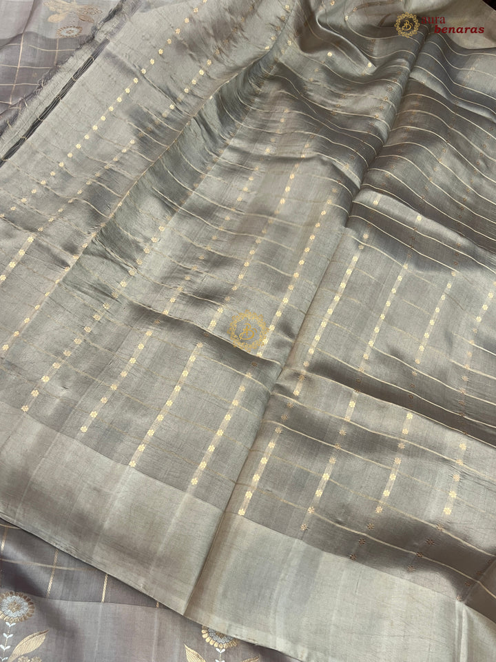 Light Grey Banarasi Silk Saree Zari Checks Kadhwa Border