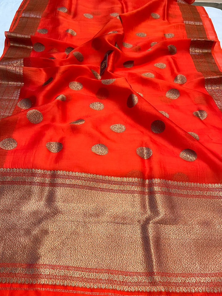 Orange Pure Pure Kora Silk Handloom Banarasi Saree