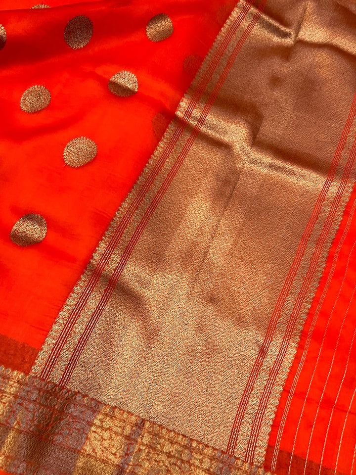 Orange Pure Pure Kora Silk Handloom Banarasi Saree
