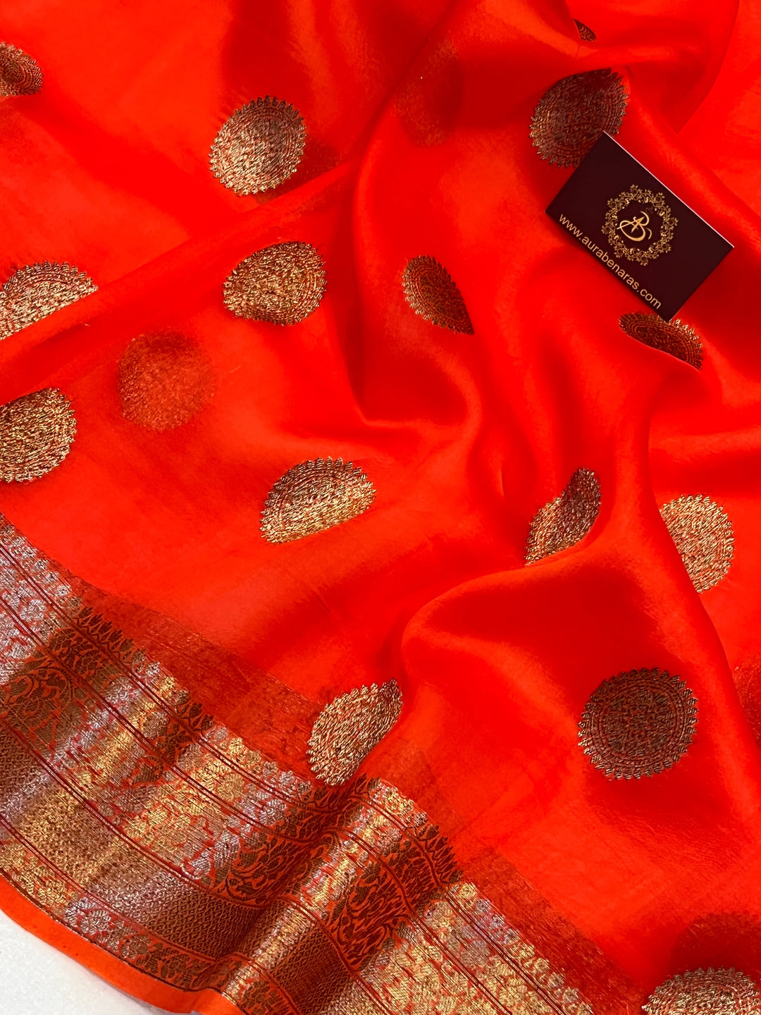 Orange Pure Pure Kora Silk Handloom Banarasi Saree