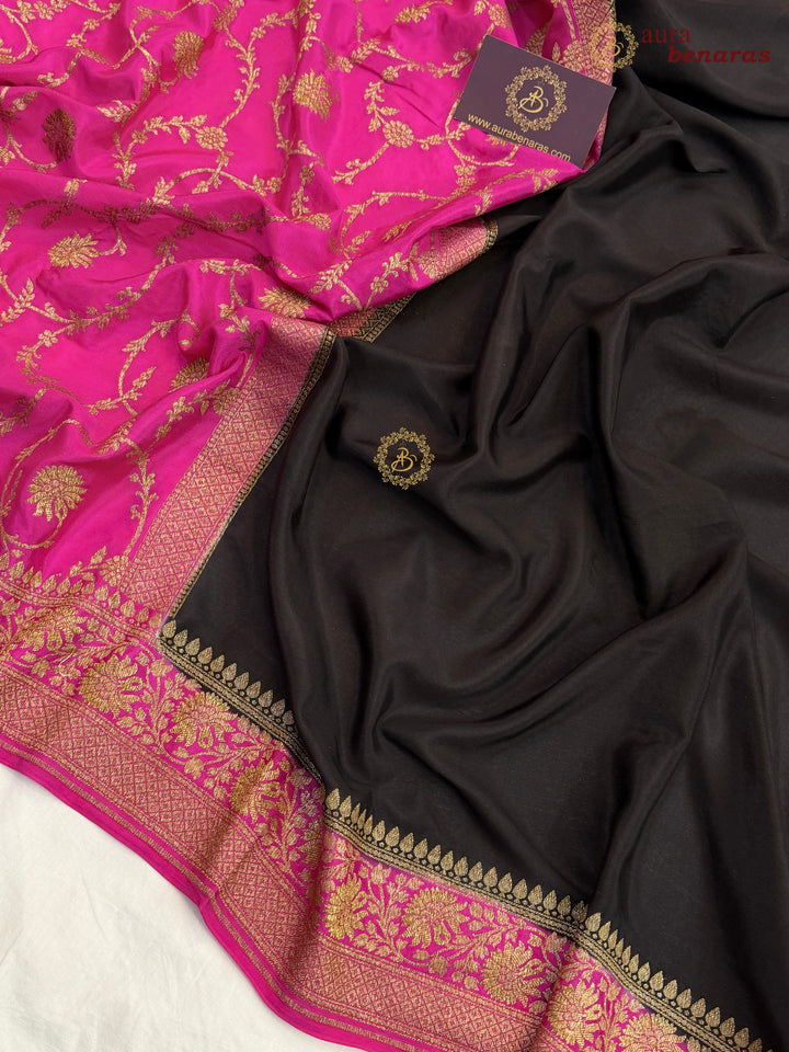 Black Pure Crepe Silk Banarasi Saree with Antique Zari Jaal Work