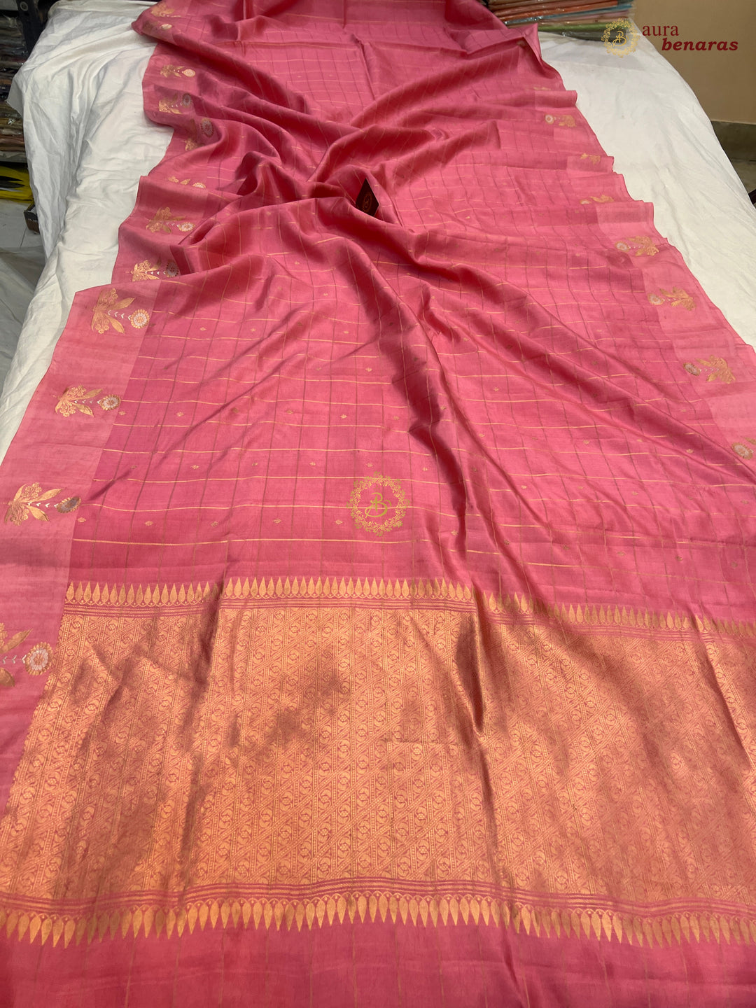 Pastel Pink Banarasi Silk Saree Zari Checks Kadhwa Border