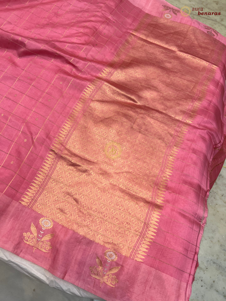 Pastel Pink Banarasi Silk Saree Zari Checks Kadhwa Border