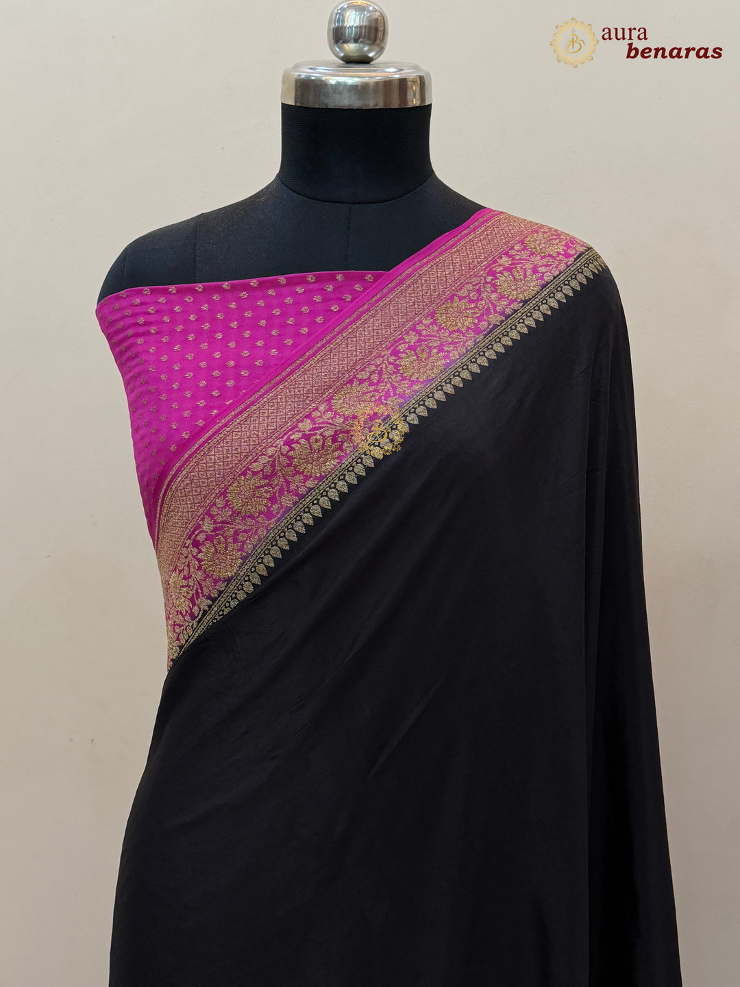 Black Pure Crepe Silk Banarasi Saree with Antique Zari Jaal Work