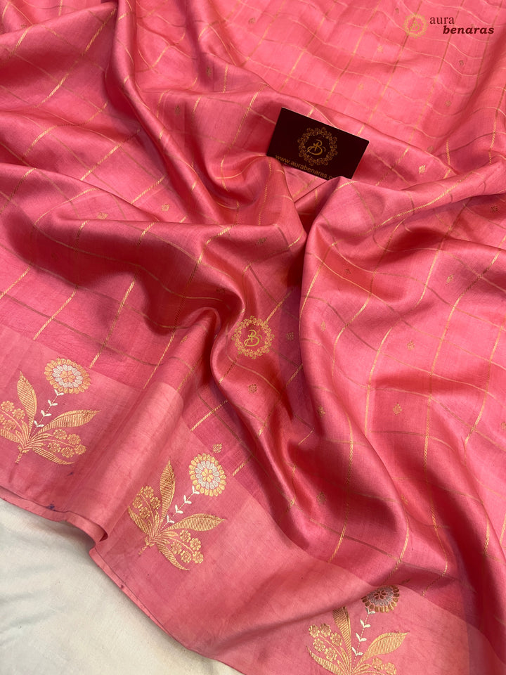Pastel Pink Banarasi Silk Saree Zari Checks Kadhwa Border
