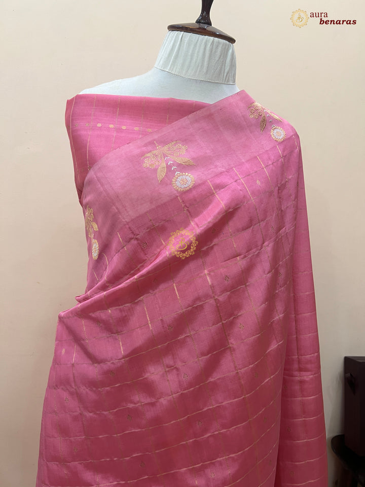 Pastel Pink Banarasi Silk Saree Zari Checks Kadhwa Border