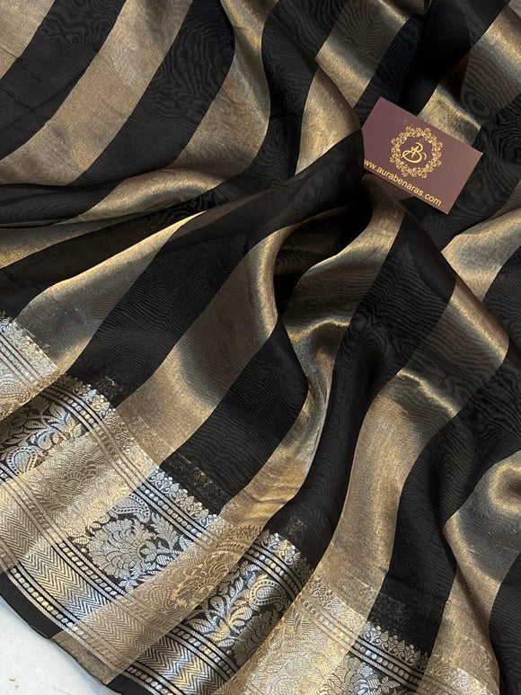 Black Banarasi Handloom Crush Kora Tissue Silk Saree