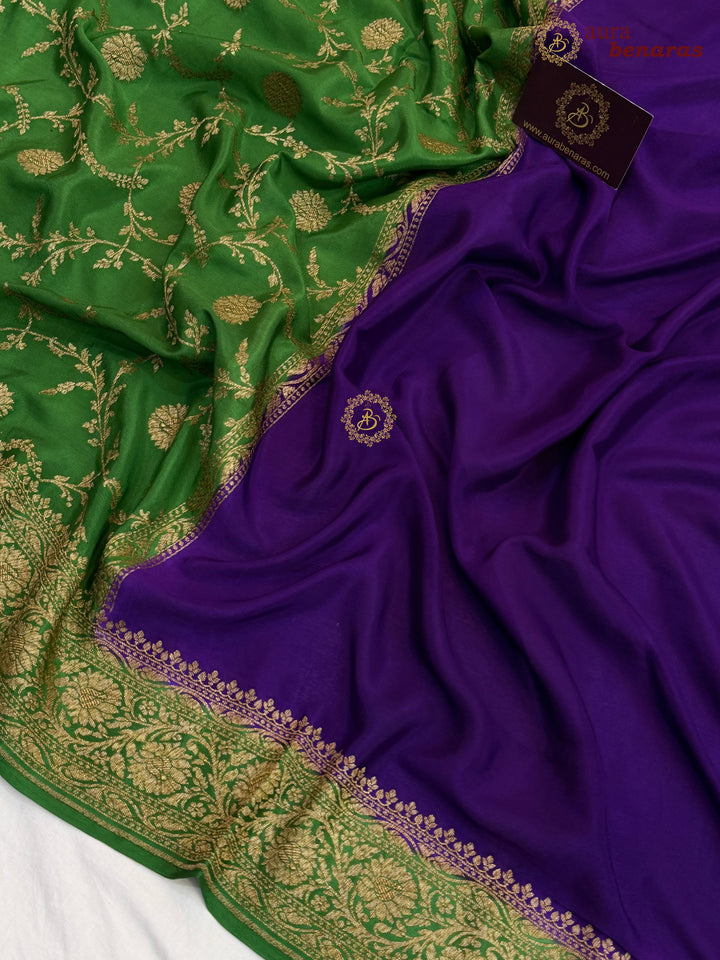 Purple Pure Crepe Silk Banarasi Saree with Antique Zari Jaal Work