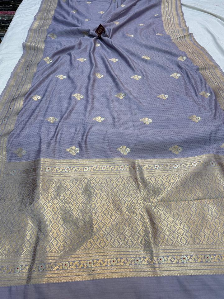 Greyish Lavender Pure Chiniya Silk Handloom Banarasi Saree