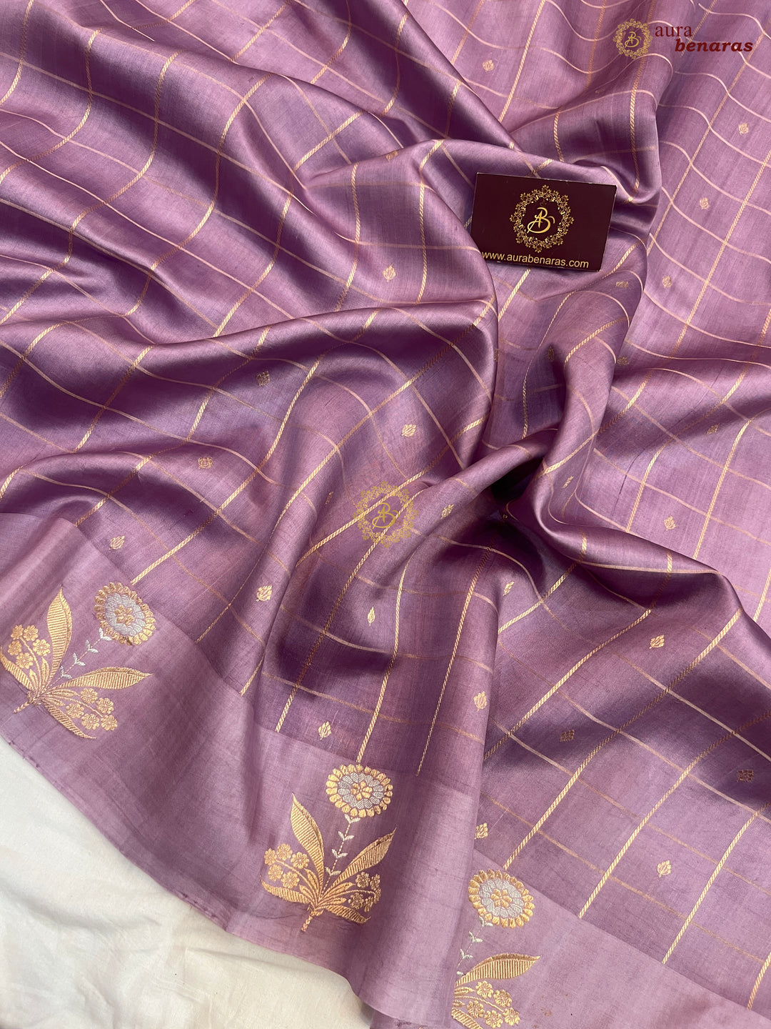  Dusty Lavender Banarasi Silk Saree Zari Checks Kadhwa Border