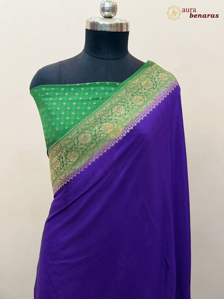 Purple Pure Crepe Silk Banarasi Saree with Antique Zari Jaal Work
