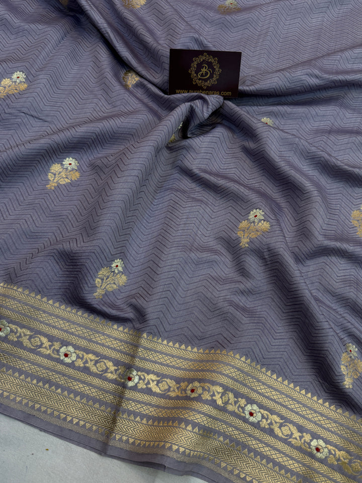 Greyish Lavender Pure Chiniya Silk Handloom Banarasi Saree