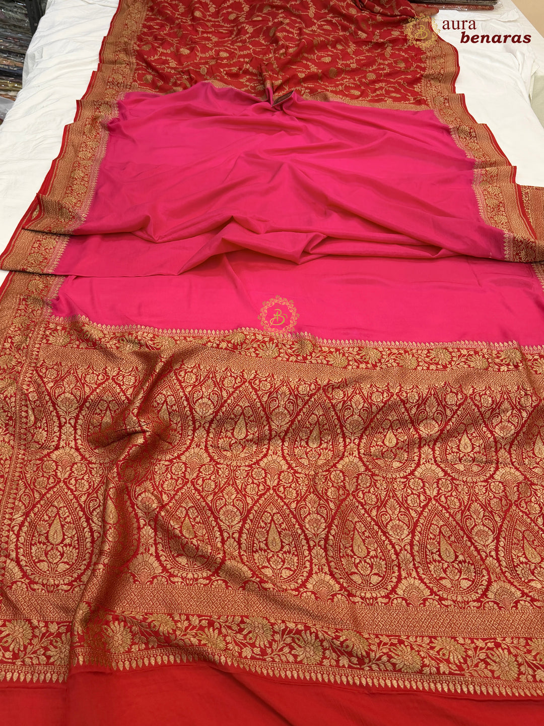 Rani Pink Pure Crepe Silk Banarasi Saree with Antique Zari Jaal Work