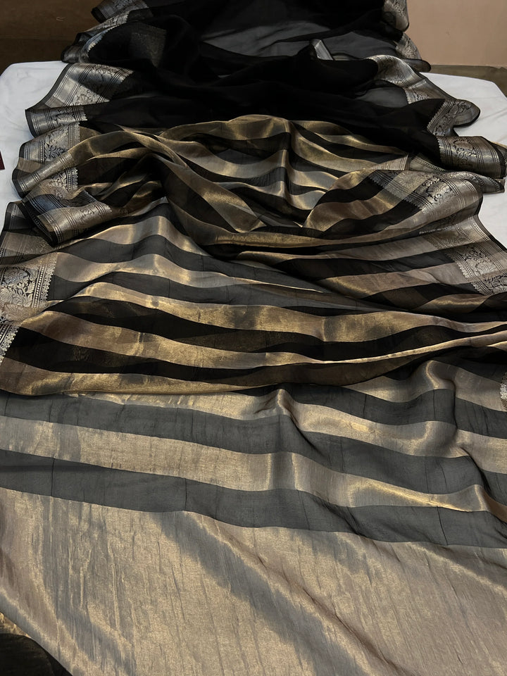 Black Banarasi Handloom Crush Kora Tissue Silk Saree