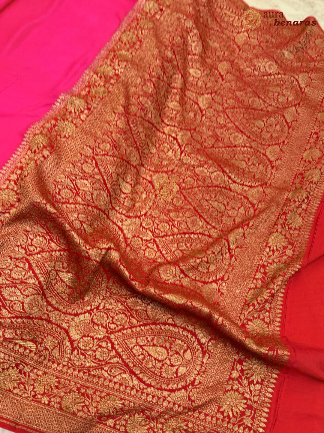 Rani Pink Pure Crepe Silk Banarasi Saree with Antique Zari Jaal Work