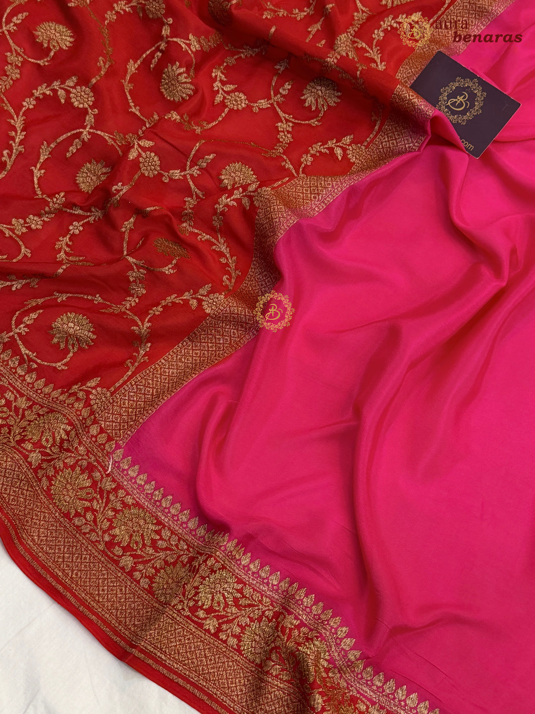 Rani Pink Pure Crepe Silk Banarasi Saree with Antique Zari Jaal Work