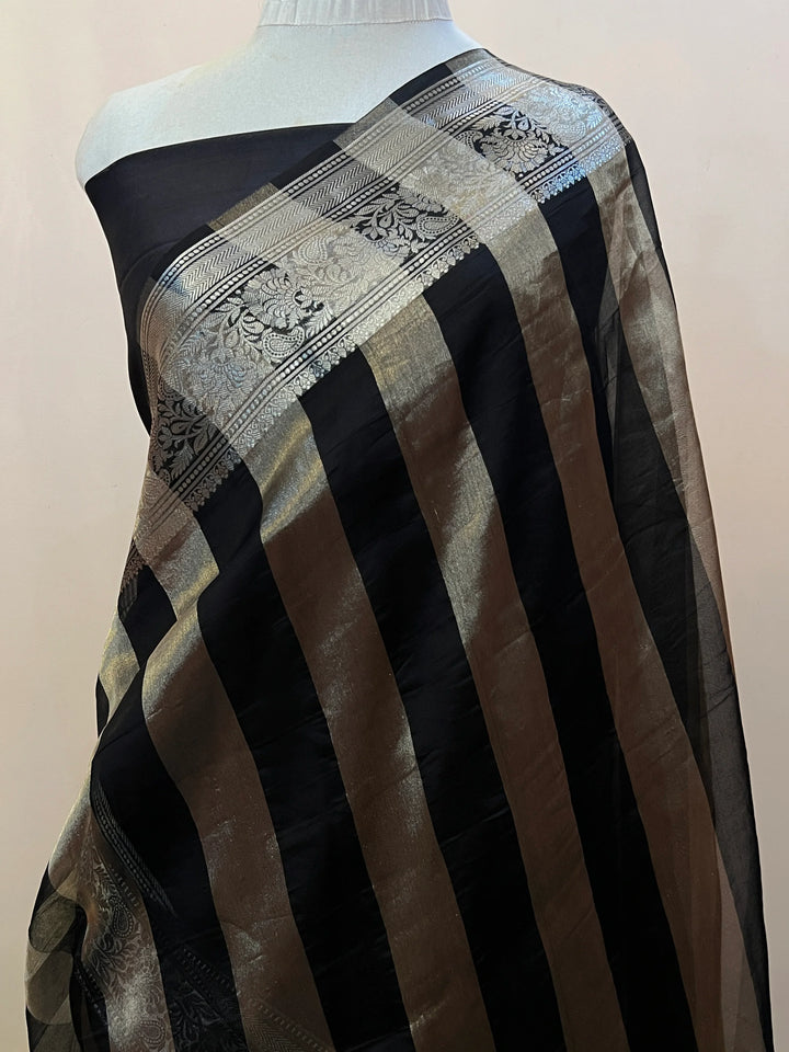 Black Banarasi Handloom Crush Kora Tissue Silk Saree