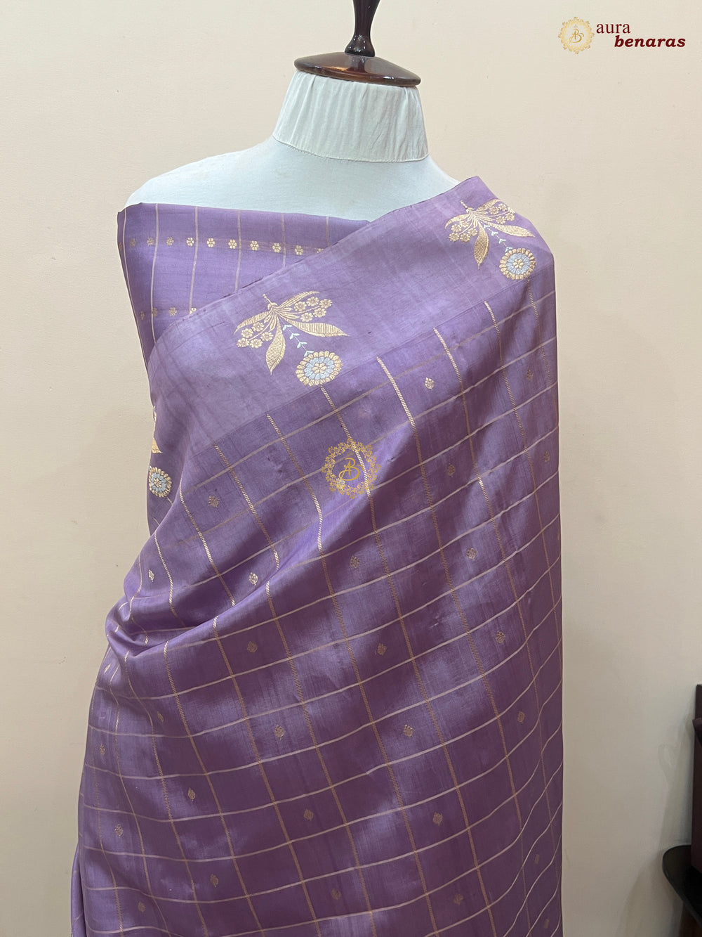  Dusty Lavender Banarasi Silk Saree Zari Checks Kadhwa Border