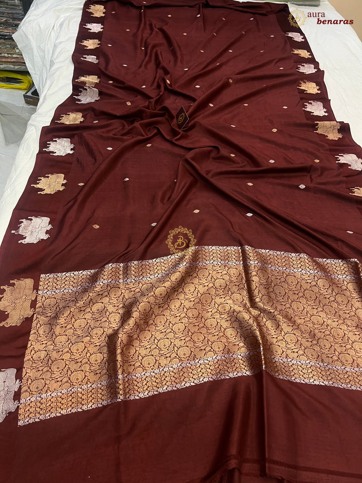  Brown Pure Katan Silk Banarasi Saree Kadhwa Cow Motifs
