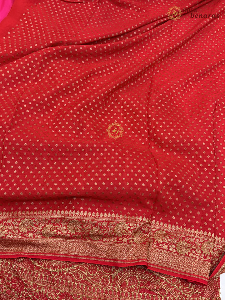 Rani Pink Pure Crepe Silk Banarasi Saree with Antique Zari Jaal Work