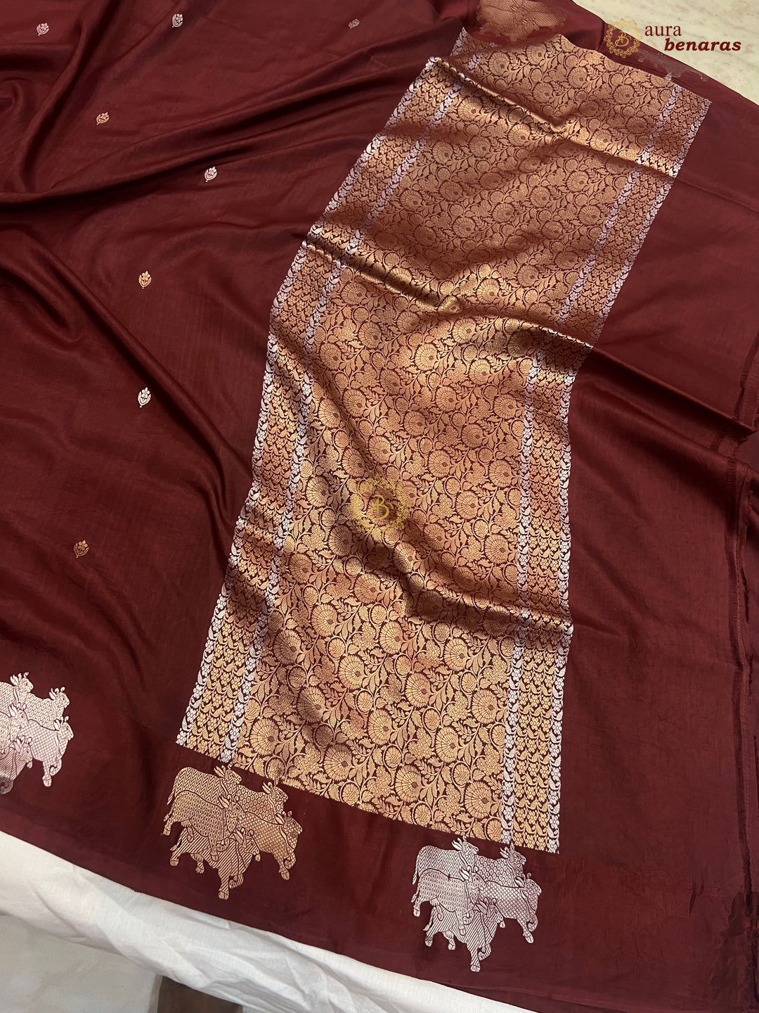 Brown Pure Katan Silk Banarasi Saree Kadhwa Cow Motifs