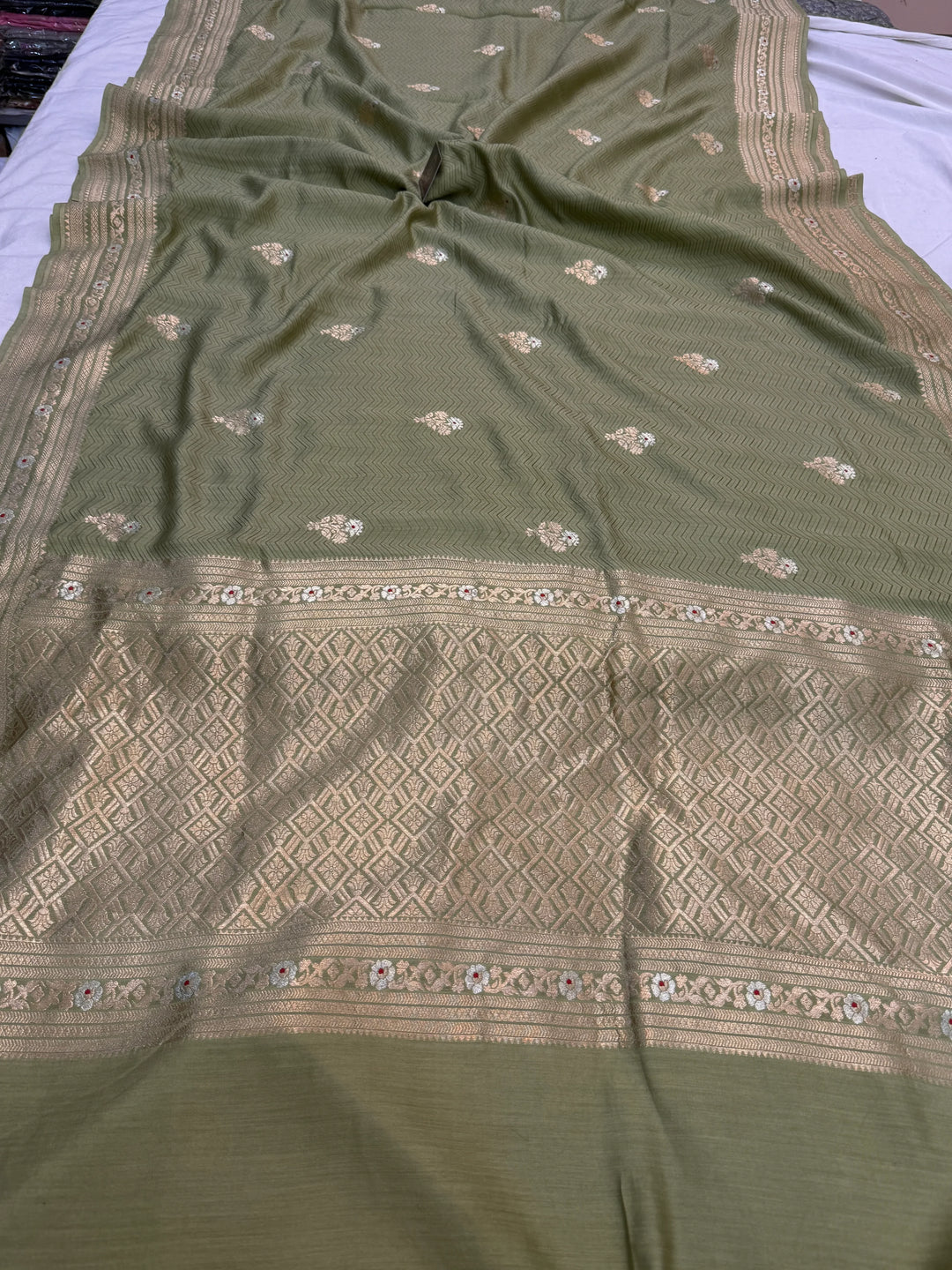 Olive Green Pure Chiniya Silk Handloom Banarasi Saree