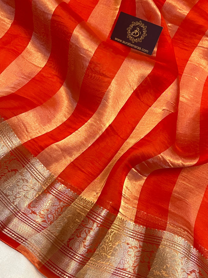 Orange Banarasi Handloom Crush Kora Tissue Silk Saree