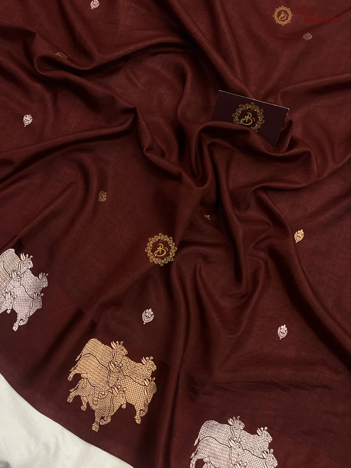  Brown Pure Katan Silk Banarasi Saree Kadhwa Cow Motifs