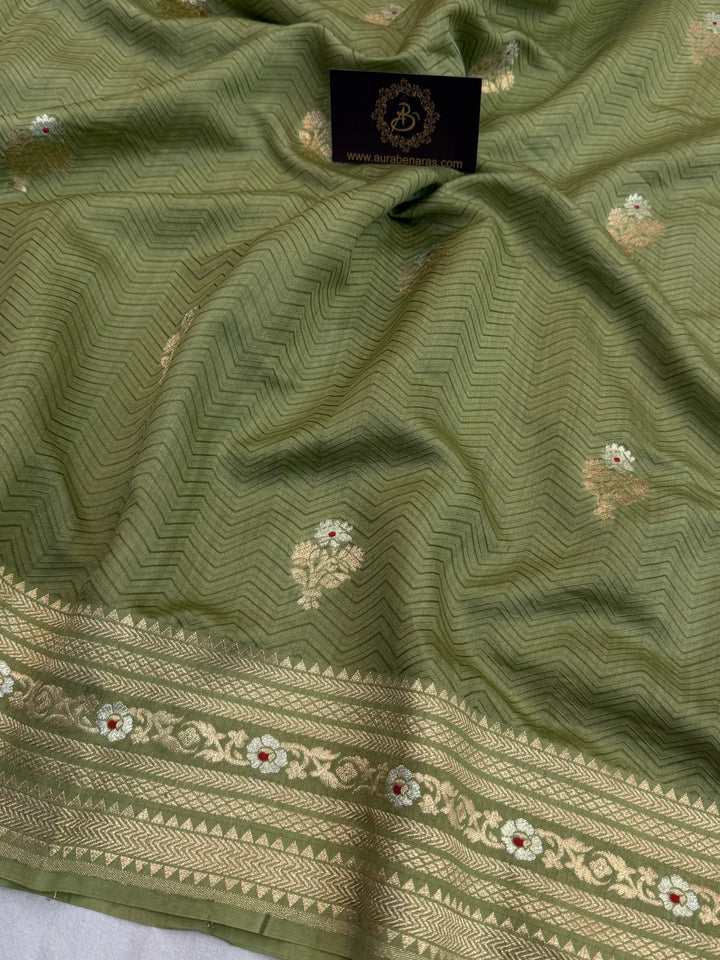 Olive Green Pure Chiniya Silk Handloom Banarasi Saree