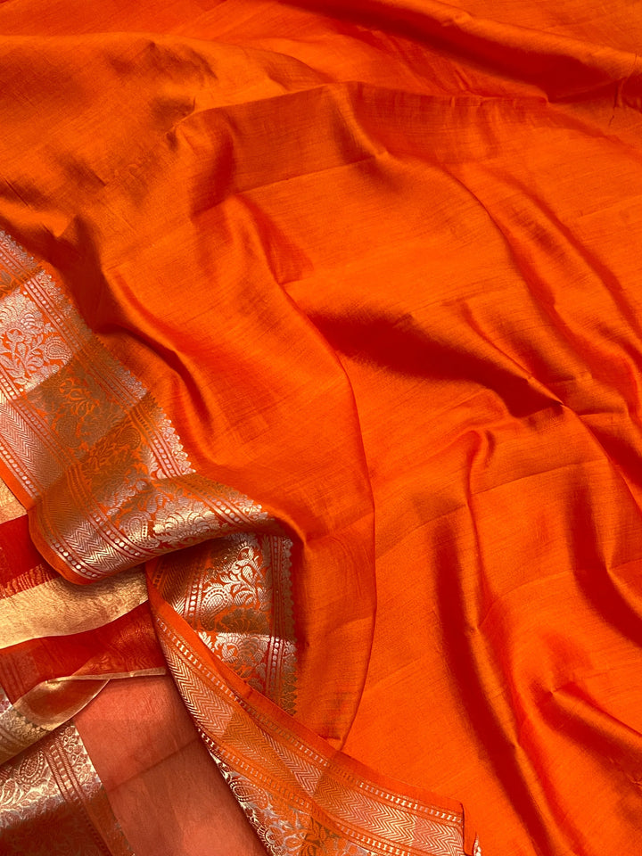 Orange Banarasi Handloom Crush Kora Tissue Silk Saree