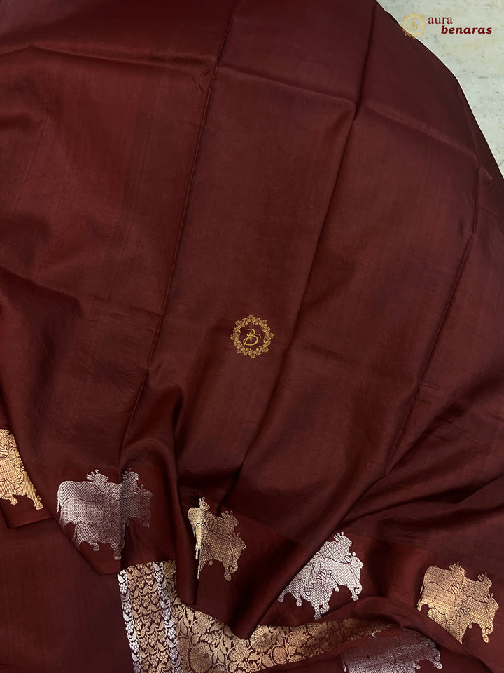  Brown Pure Katan Silk Banarasi Saree Kadhwa Cow Motifs
