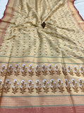Cream Pure Banarasi Handloom Katan Silk Saree - Aura Benaras
