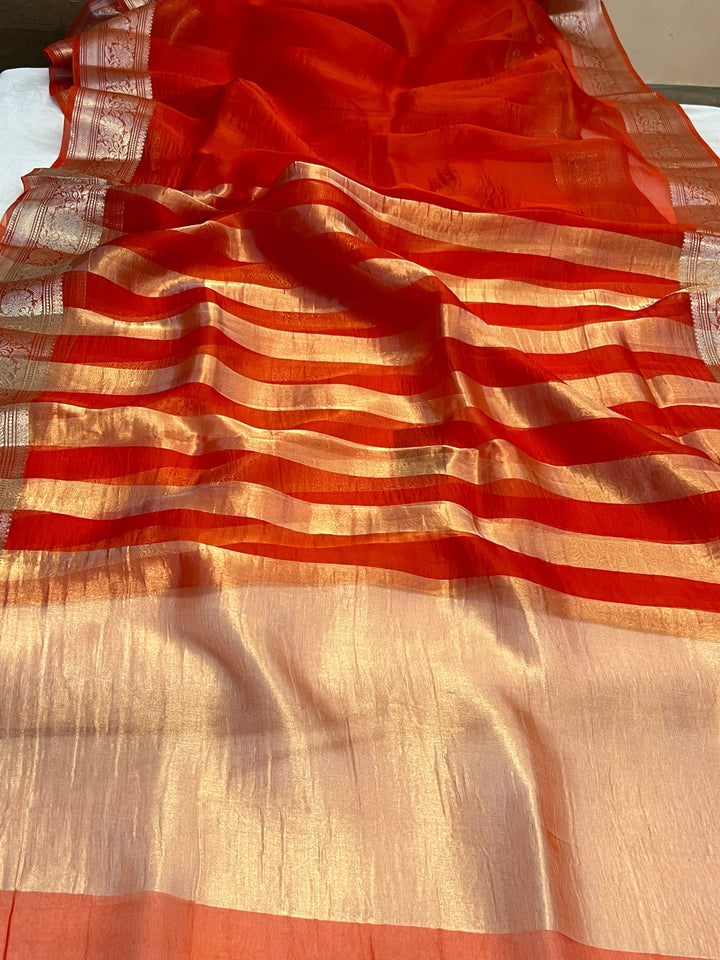 Orange Banarasi Handloom Crush Kora Tissue Silk Saree