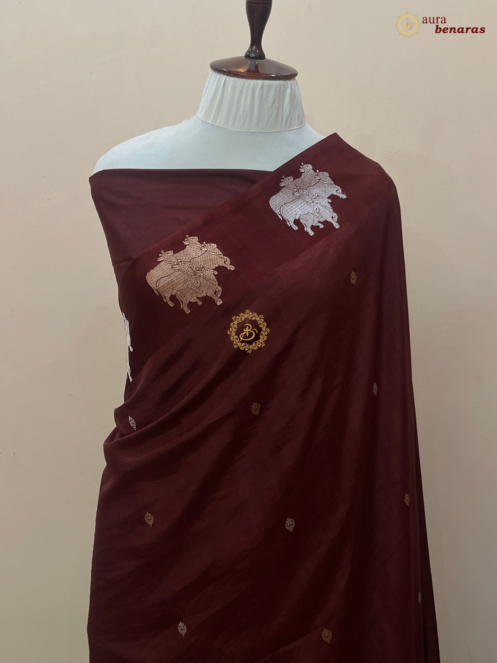  Brown Pure Katan Silk Banarasi Saree Kadhwa Cow Motifs