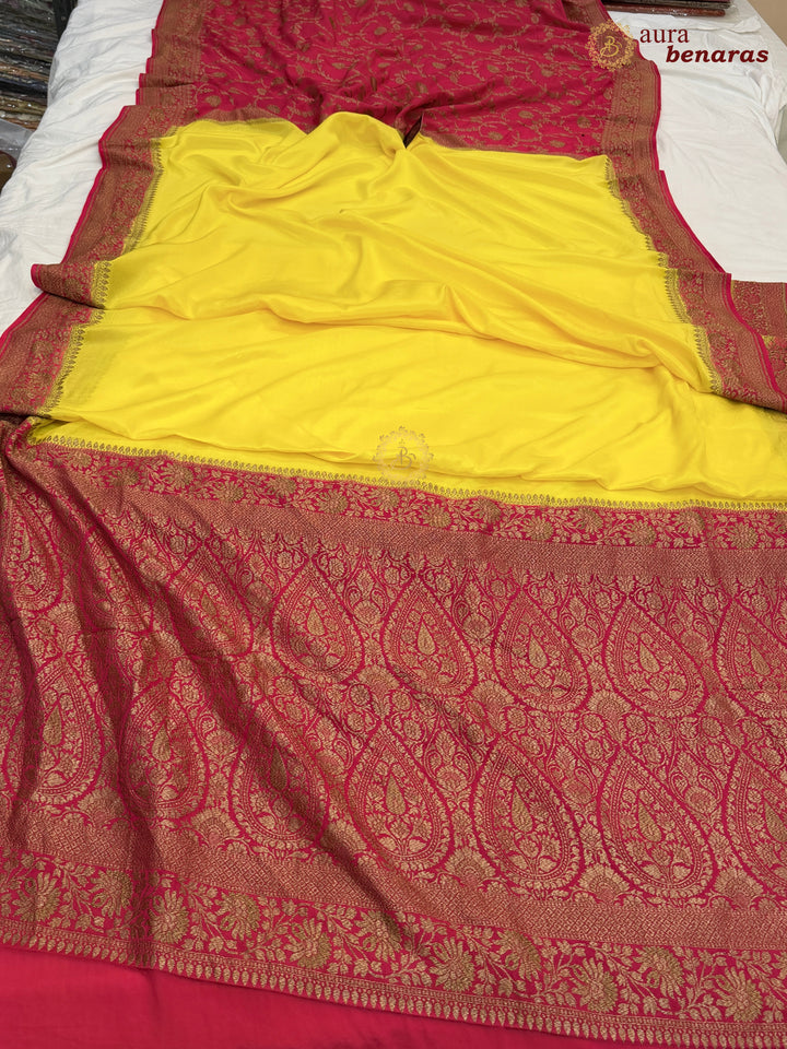 Lemon Yellow Pure Crepe Silk Banarasi Saree with Antique Zari Jaal Work