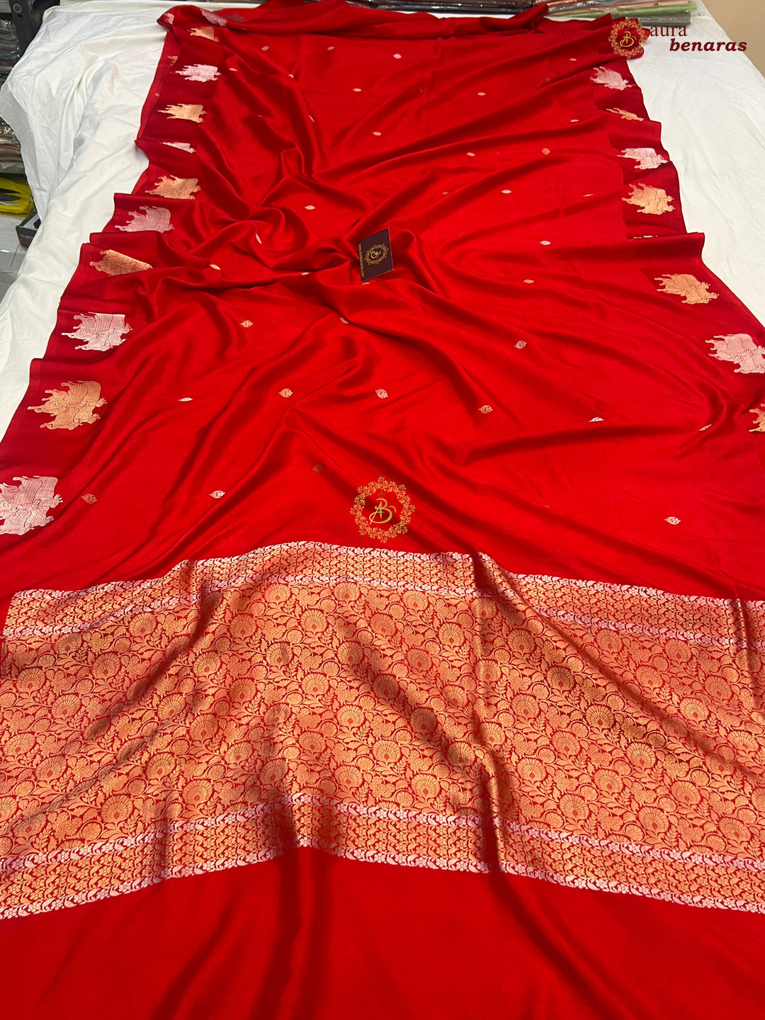 Bridal Red Pure Katan Silk Banarasi Saree Kadhwa Cow Motifs